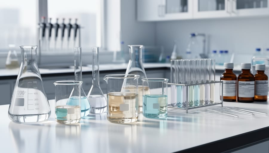 Lab glass vials and a beaker with clear solution representing research-grade compounds