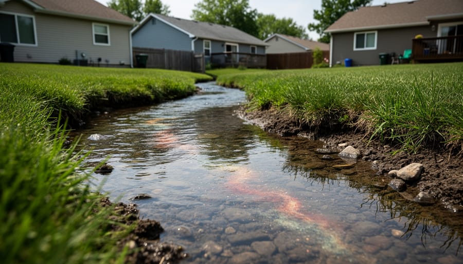 Rainwater runoff stream beside wet soil and residential landscape