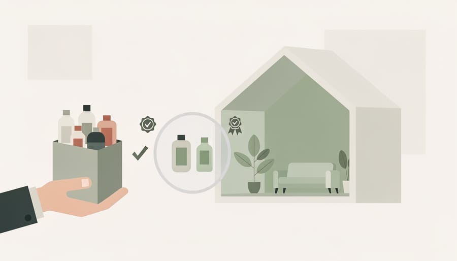 Eco-minded homeowner organizing household products in a kitchen pantry shelf with emphasis on unverified packaging